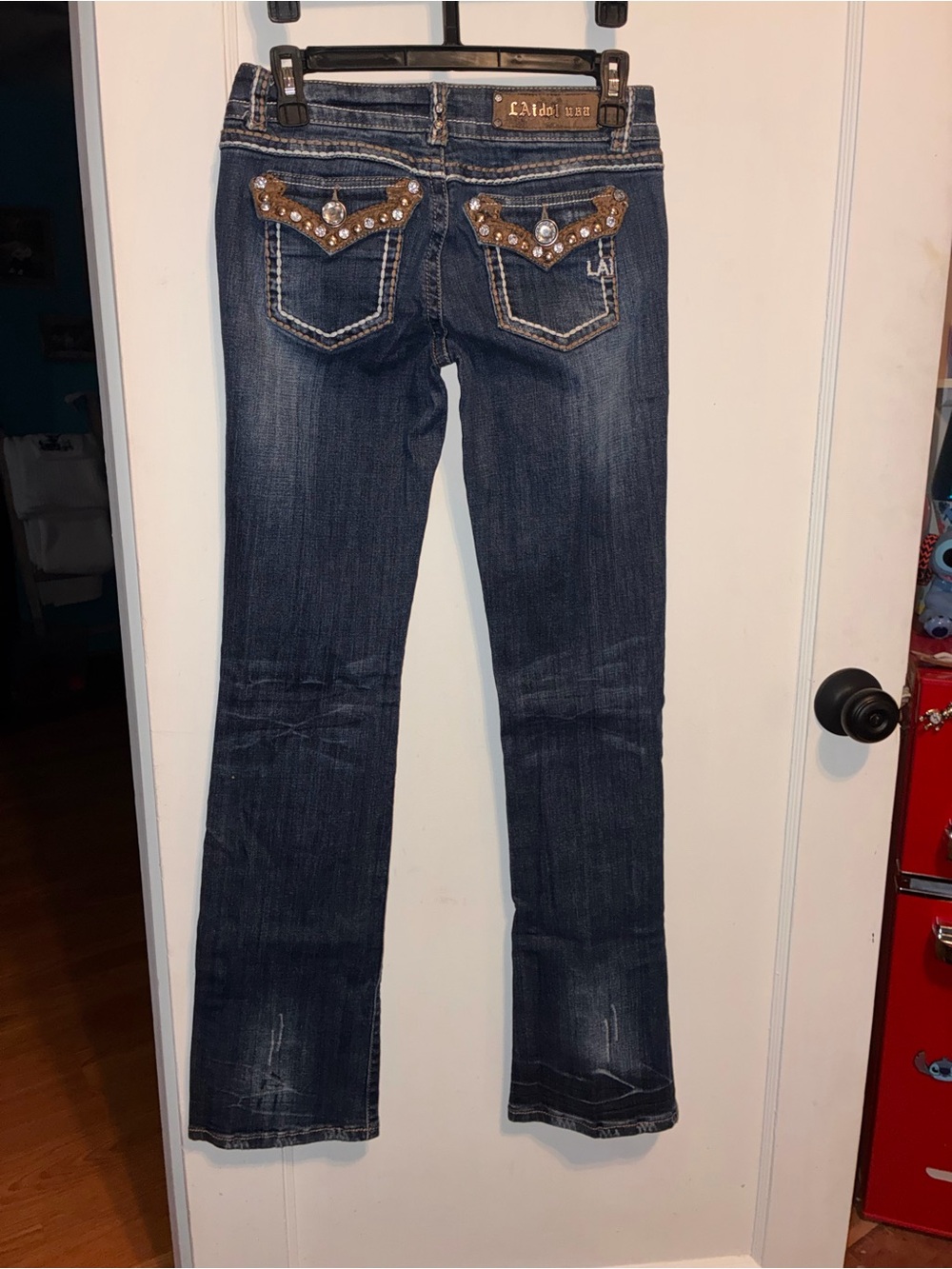 L.A. idol Dark Blue Boot Cut Jeans with Embellished Pockets